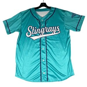 Stingrays Baseball Jersey Teal Simmons 04 Button Front Mens Large Graphic Sleeve